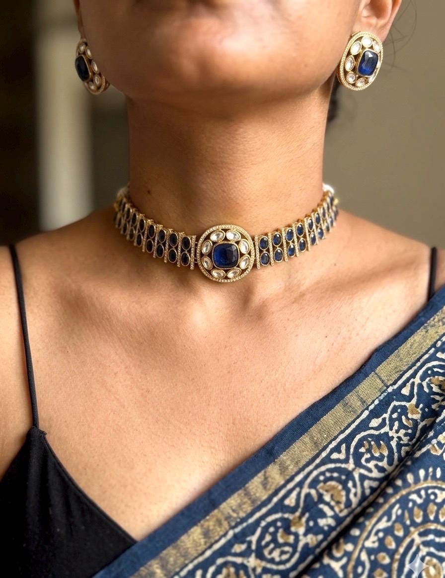 KAYNA Navy blue kundan choker necklace set,Indian Pakistani blue colour wedding bridal and festive jewelery