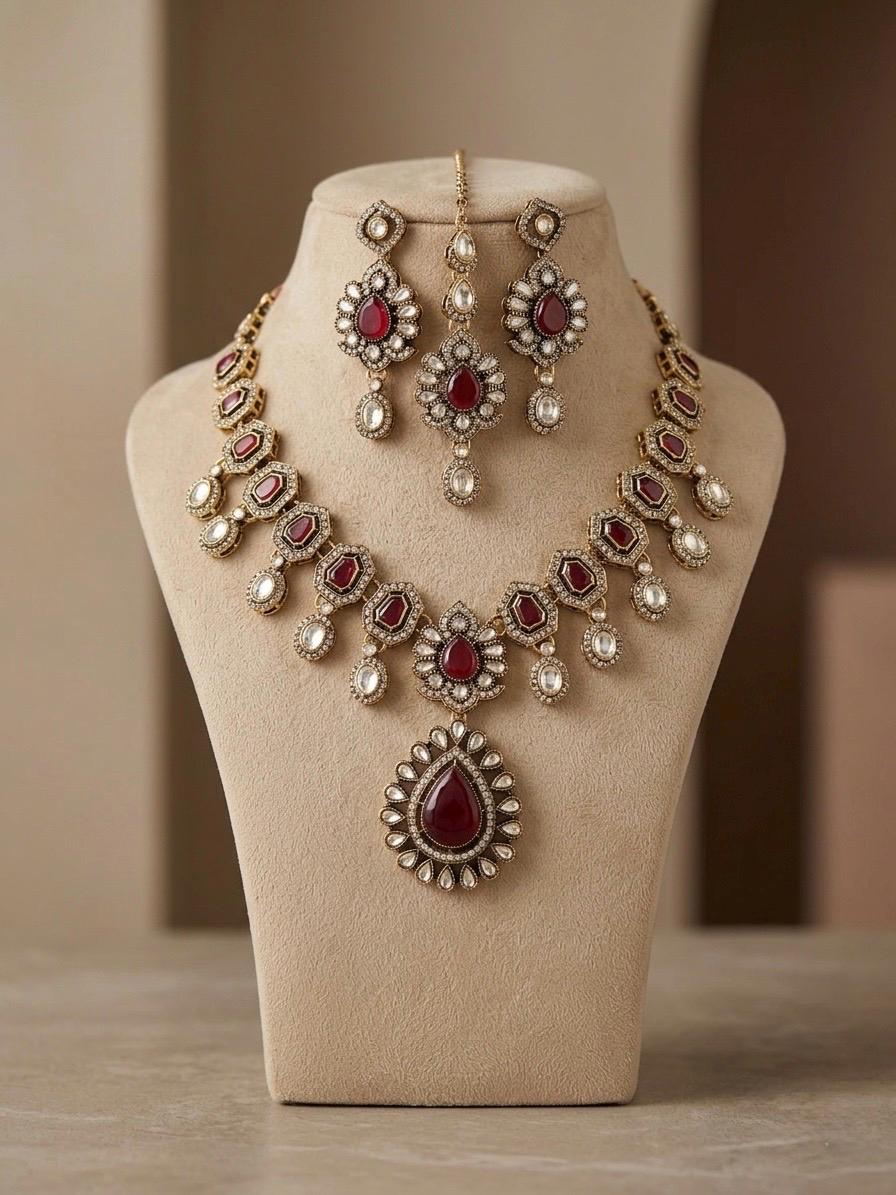 ZEYA Ruby red Kundan and cz zircon Choker necklace earrings and maangtika,Indian Pakistani traditional jewelery in Victorian style