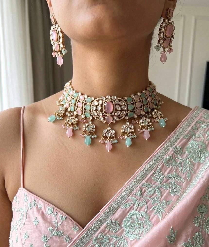 IVARA Pink mint kundan choker necklace set,Indian Pakistani pink mint colour wedding bridal and festive jewelery