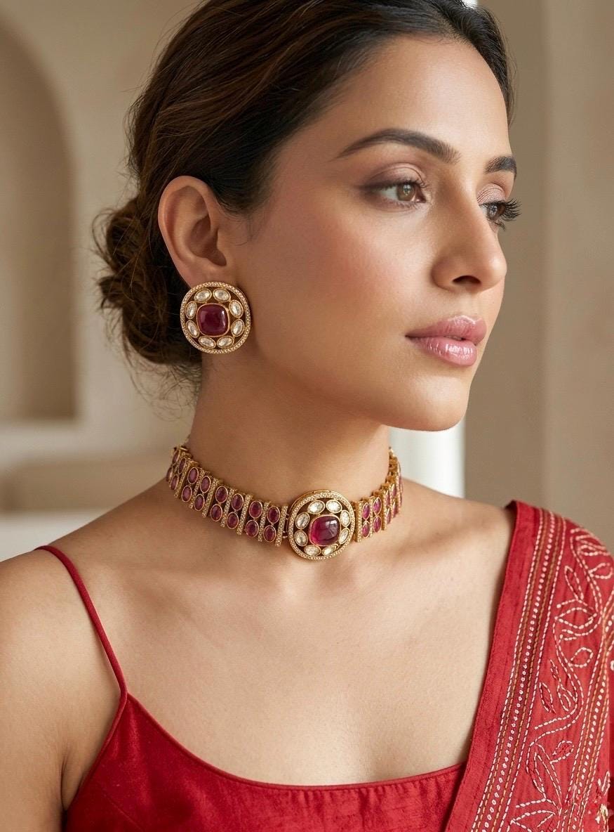 KAYNA Ruby red kundan choker necklace set,Indian Pakistani red colour wedding bridal and festive jewelery