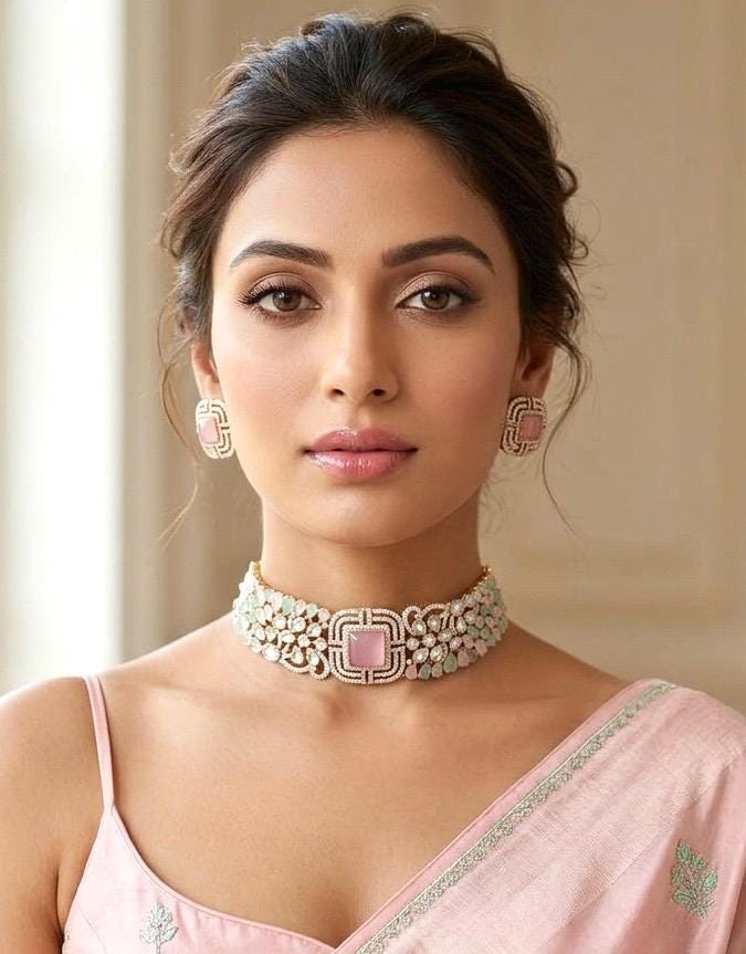 SHAZA pink kundan choker set with mint stones and matt gold polish ,cz Indian Pakistani wedding and festive jewelry
