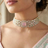 SHAZA pink kundan choker set with mint stones and matt gold polish ,cz Indian Pakistani wedding and festive jewelry