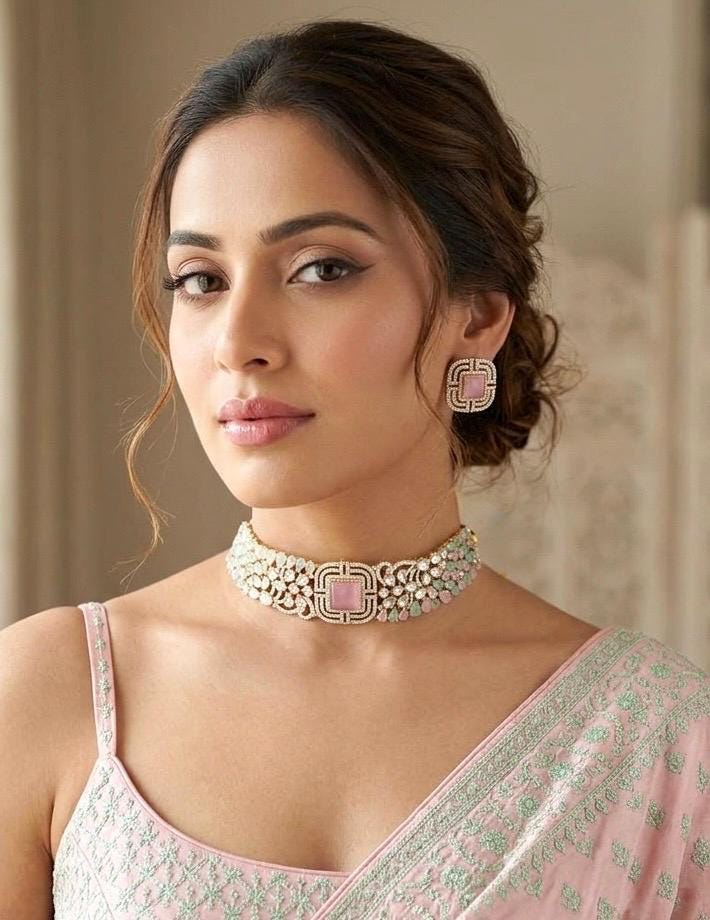 SHAZA pink kundan choker set with mint stones and matt gold polish ,cz Indian Pakistani wedding and festive jewelry
