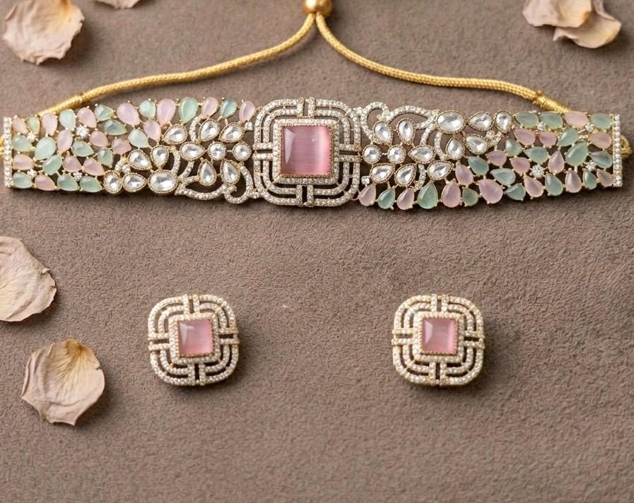 SHAZA pink kundan choker set with mint stones and matt gold polish ,cz Indian Pakistani wedding and festive jewelry