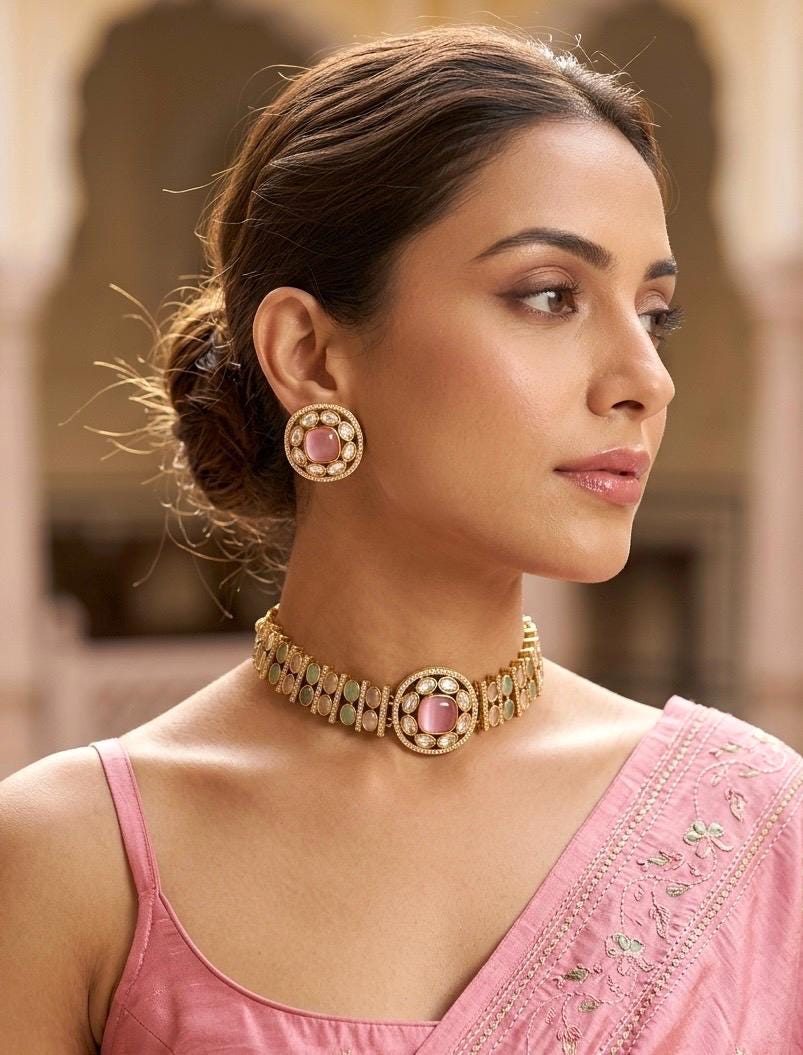 KAYNA Pink mint kundan choker necklace set with matching earrings ,Indian Pakistani wedding and festive jewelery