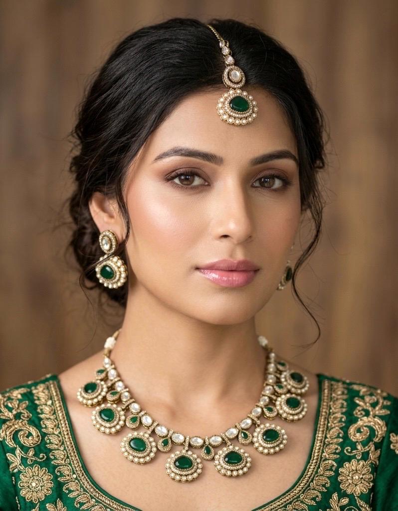 DIVYA Emerald Green kundan and moissanite replica necklace set with maangtika ,Indian Pakistani wedding jewelry in antique golden polish