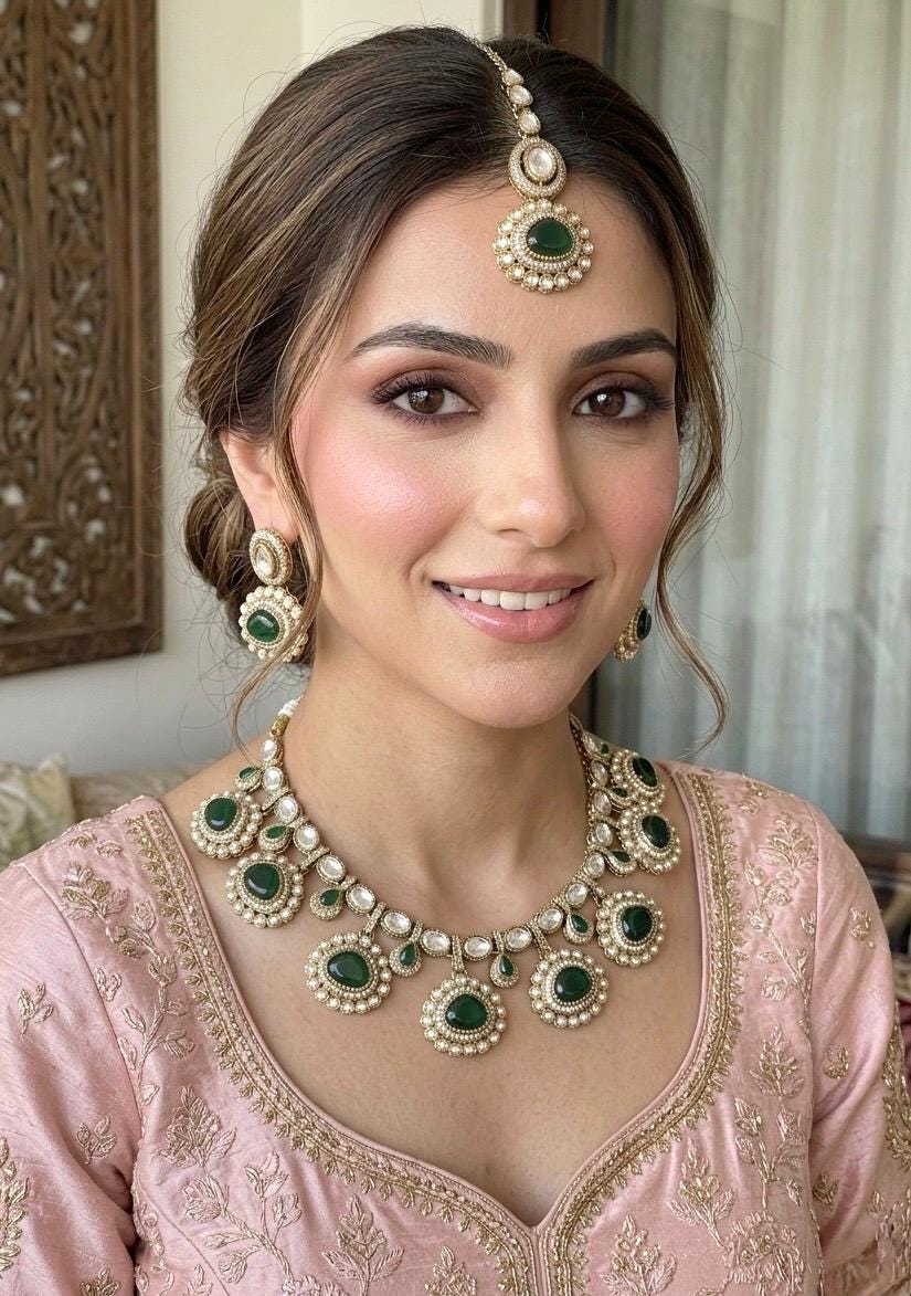 DIVYA Emerald Green kundan and moissanite replica necklace set with maangtika ,Indian Pakistani wedding jewelry in antique golden polish