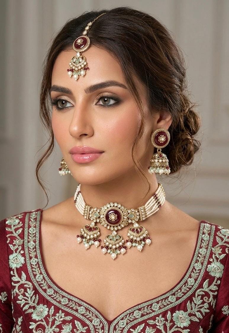 SHAISTA mint ruby kundan and moissanite replica necklace set with maangtika ,Indian Pakistani wedding jewelry in antique golden polish