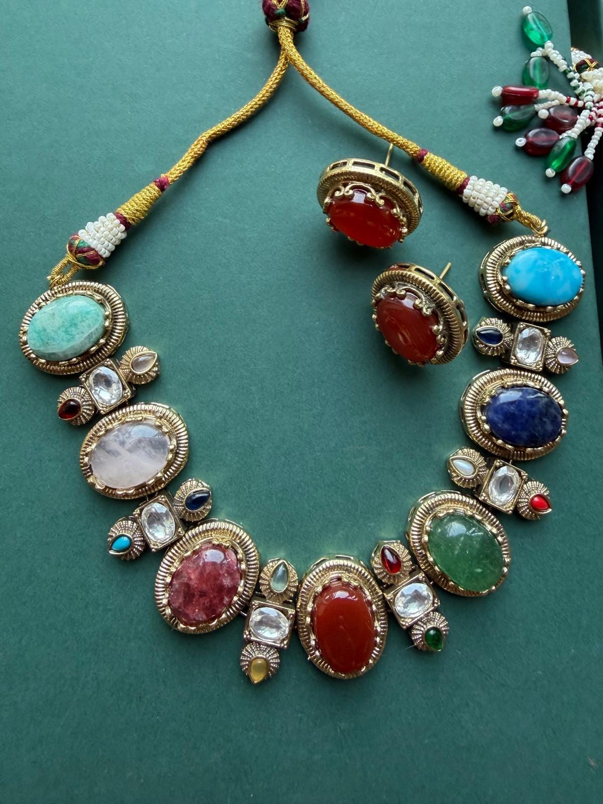 AZA Sabyasachi inspired multicoloured cabochon natural gemstones necklace with studs, Indian traditional Navratna style jewelry,