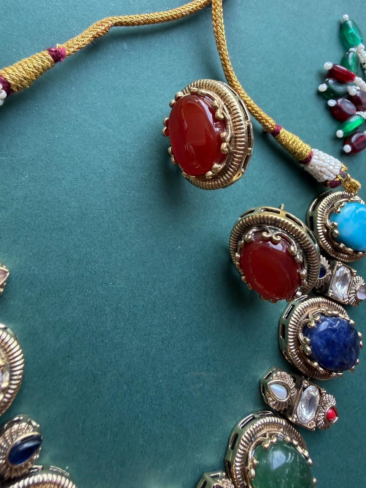 AZA Sabyasachi inspired multicoloured cabochon natural gemstones necklace with studs, Indian traditional Navratna style jewelry,