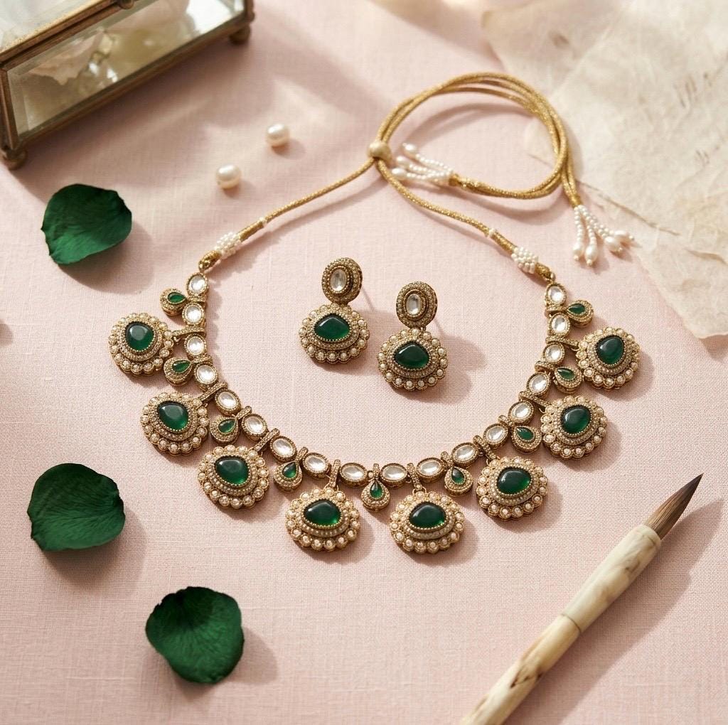 DIVYA Emerald Green kundan and moissanite replica necklace set with matching earrings,Indian Pakistani wedding jewelry in antique golden pol