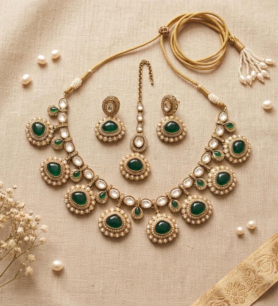 DIVYA Emerald Green kundan and moissanite replica necklace set with maangtika ,Indian Pakistani wedding jewelry in antique golden polish