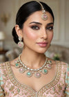 DIVYA Mint pink kundan and moissanite replica necklace set with maangtika ,Indian Pakistani wedding jewelry in antique golden polish