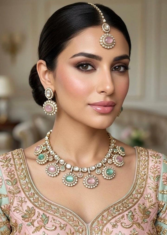 DIVYA Mint pink kundan and moissanite replica necklace set with maangtika ,Indian Pakistani wedding jewelry in antique golden polish