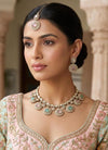DIVYA Mint pink kundan and moissanite replica necklace set with maangtika ,Indian Pakistani wedding jewelry in antique golden polish