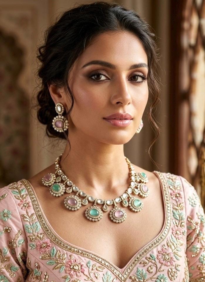 DIVYA Mint pink kundan and moissanite replica necklace set with matching earrings ,Indian Pakistani wedding jewelry in antique golden polish