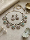 DIVYA Mint pink kundan and moissanite replica necklace set with matching earrings ,Indian Pakistani wedding jewelry in antique golden polish