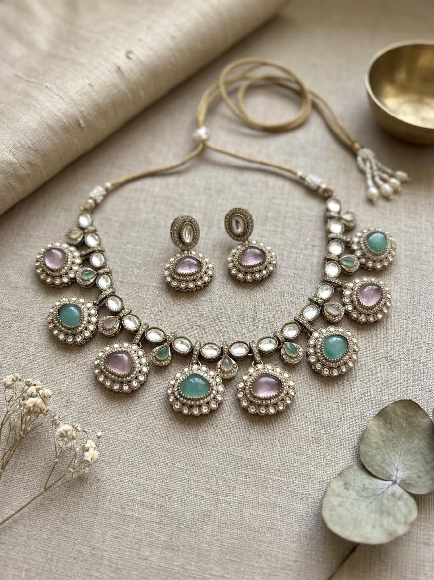 DIVYA Mint pink kundan and moissanite replica necklace set with matching earrings ,Indian Pakistani wedding jewelry in antique golden polish
