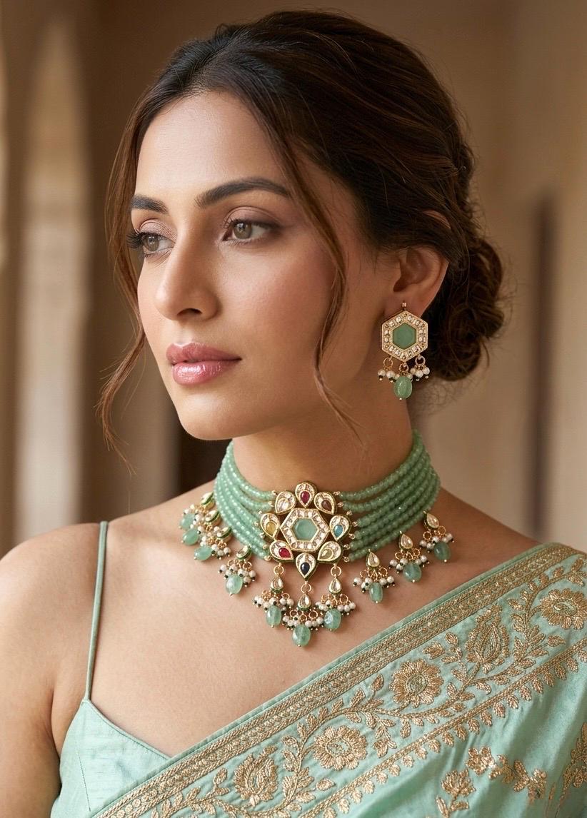 PARWEEN Sabyasachi inspired mint and golden Fusion Kundan choker set, necklace set, indian wedding Rajwada jewelry/ pakistani jewelry