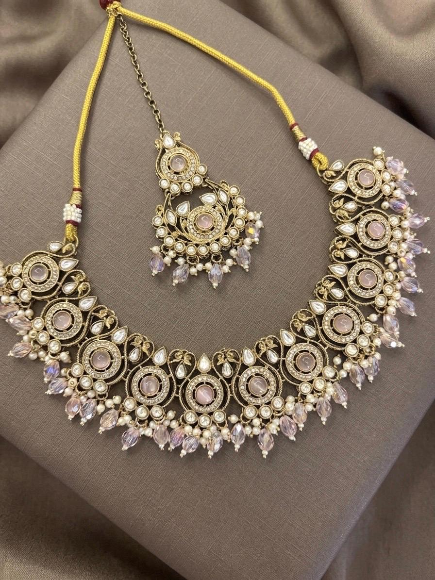 ZAKIRA light pink cz kundan and moissanite replica Necklace set with maangtika , Indian Pakistani wedding bridal jewelry