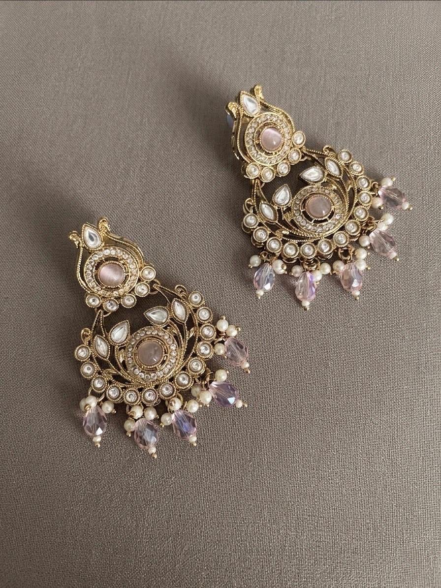 ZAKIRA light pink cz kundan and moissanite replica Necklace set with maangtika , Indian Pakistani wedding bridal jewelry