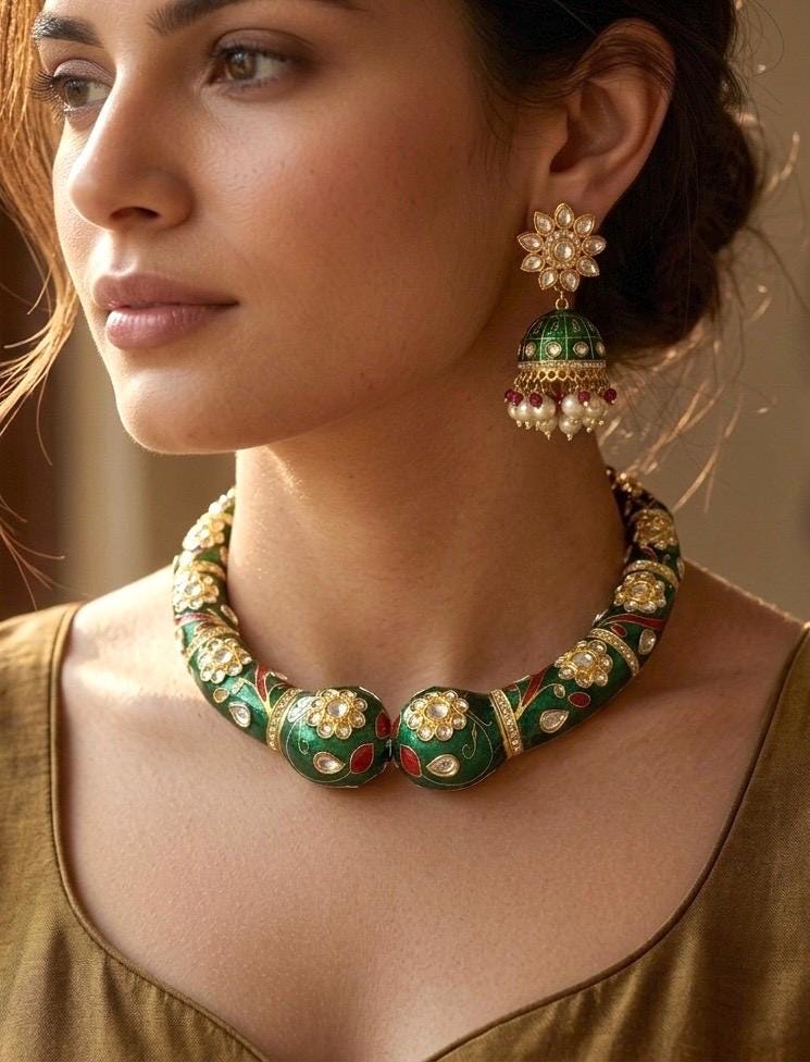 KANIKA Emerald Green Meenakari hasli  necklace with matching jhumka earrings, Indian traditional and festive jewelry, Rajwada jewelry
