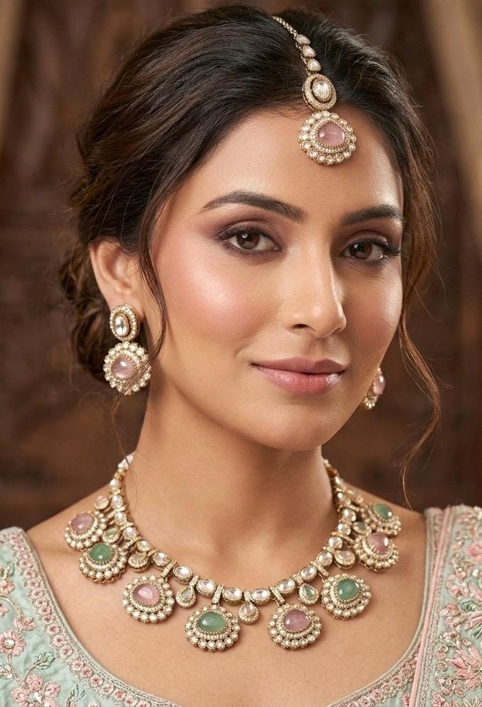 DIVYA Mint pink kundan and moissanite replica necklace set with maangtika ,Indian Pakistani wedding jewelry in antique golden polish