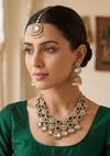ILISHA Emerald green Kundan and moissanite replica two layer necklace set with Maangtika, Indian Pakistani wedding and festive jewelry
