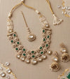ILISHA Emerald green Kundan and moissanite replica two layer necklace set with Maangtika, Indian Pakistani wedding and festive jewelry