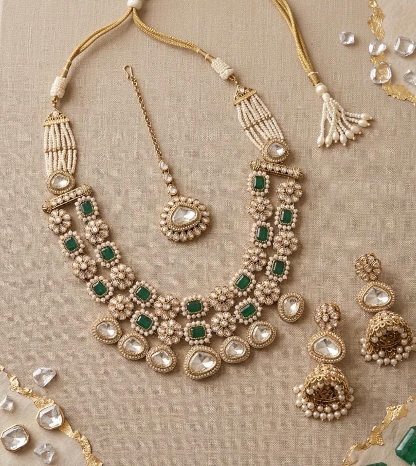 ILISHA Emerald green Kundan and moissanite replica two layer necklace set with Maangtika, Indian Pakistani wedding and festive jewelry