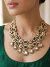 ILISHA Emerald green Kundan and moissanite replica two layer necklace set with Maangtika, Indian Pakistani wedding and festive jewelry