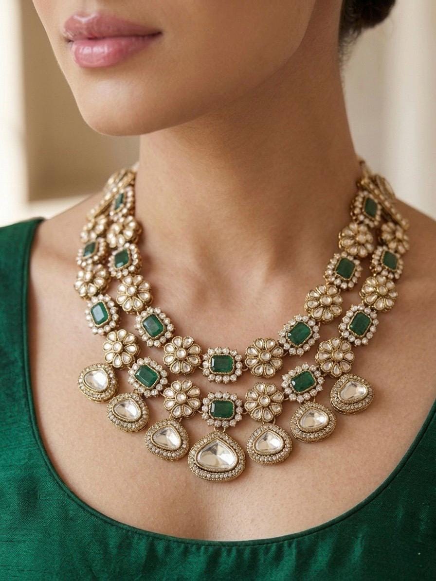 ILISHA Emerald green Kundan and moissanite replica two layer necklace set with Maangtika, Indian Pakistani wedding and festive jewelry