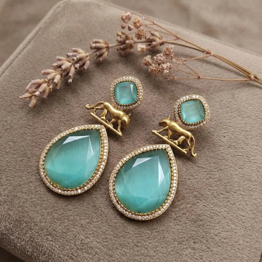 IZRA Sabyasachi inspired mint earrings in antique gold matt finish, Indian fusion earrings in mint  colour, indo western jewelry