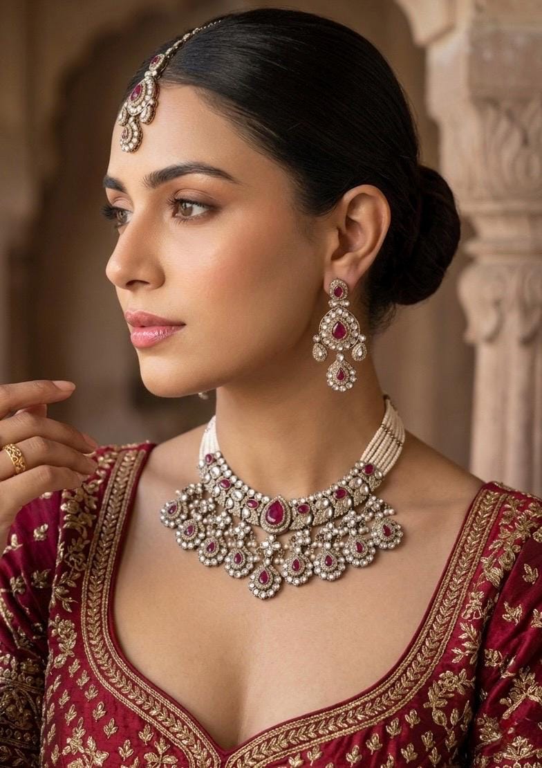 IFRA Deep ruby red Kundan and moissanite replica necklace set with Maangtika, Indian Pakistani Ruby colour wedding bridal jewelry