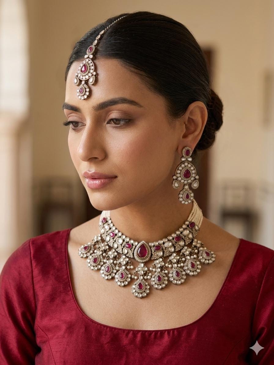 IFRA Deep ruby red Kundan and moissanite replica necklace set with Maangtika, Indian Pakistani Ruby colour wedding bridal jewelry