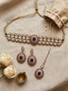SOHA Victorian style Navy blue and ruby red Kundan and moissanite replica choker necklace set with maangtika, Indian wedding jewelry