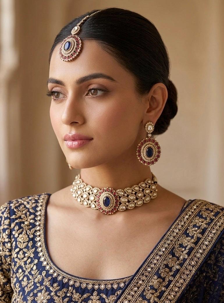 SOHA Victorian style Navy blue and ruby red Kundan and moissanite replica choker necklace set with maangtika, Indian wedding jewelry