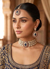 SOHA Victorian style Navy blue and ruby red Kundan and moissanite replica choker necklace set with maangtika, Indian wedding jewelry
