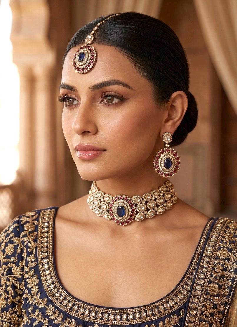 SOHA Victorian style Navy blue and ruby red Kundan and moissanite replica choker necklace set with maangtika, Indian wedding jewelry