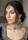 SOHA Victorian style Navy blue and ruby red Kundan and moissanite replica choker necklace set with maangtika, Indian wedding jewelry