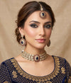 SOHA Victorian style Navy blue and ruby red Kundan and moissanite replica choker necklace set with maangtika, Indian wedding jewelry