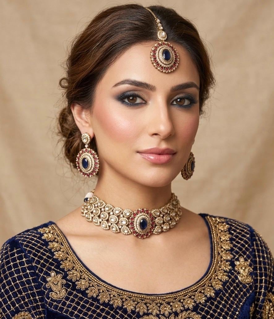 SOHA Victorian style Navy blue and ruby red Kundan and moissanite replica choker necklace set with maangtika, Indian wedding jewelry