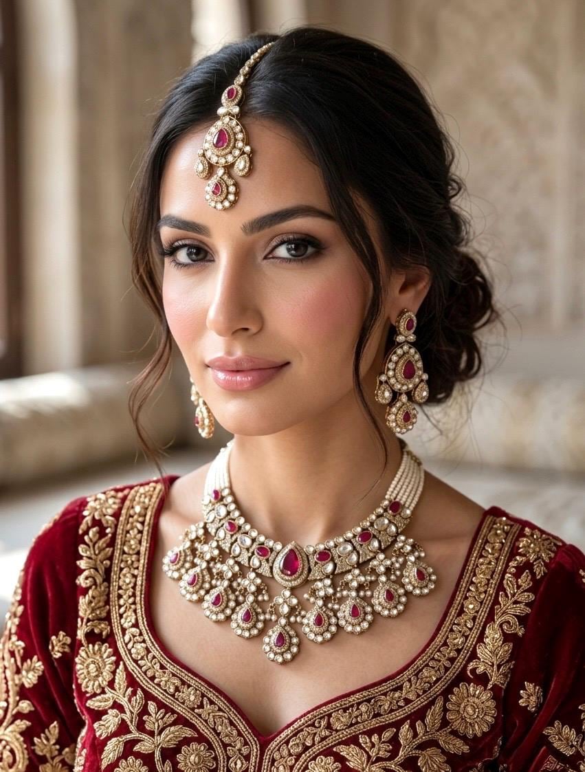 IFRA Deep ruby red Kundan and moissanite replica necklace set with Maangtika, Indian Pakistani Ruby colour wedding bridal jewelry