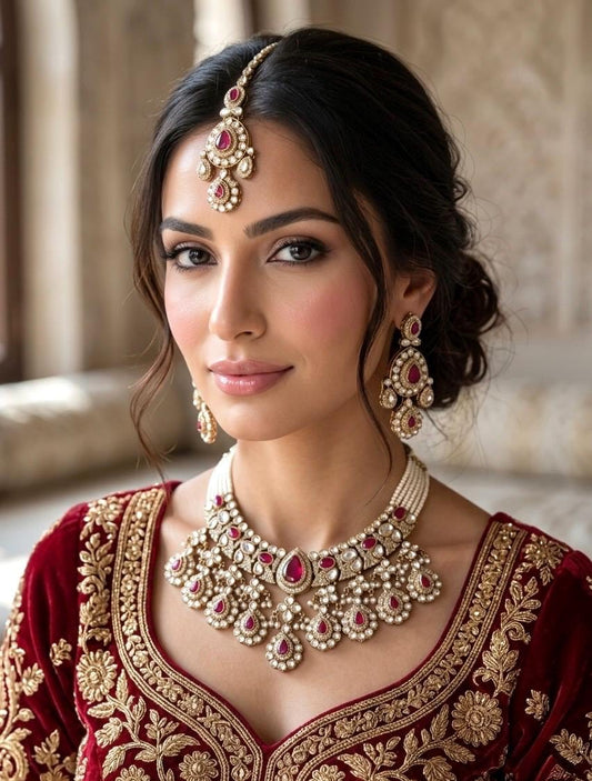 IFRA Deep ruby red Kundan and moissanite replica necklace set with Maangtika, Indian Pakistani Ruby colour wedding bridal jewelry
