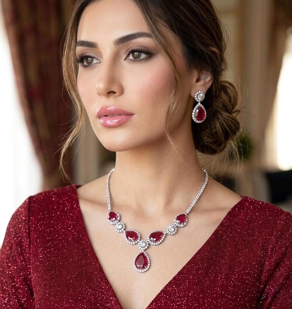 IRENE Premium quality Ruby colour necklace Set American Diamond classy cz zircon jewelry, stylish prom,gala dinner Ruby red jewellery