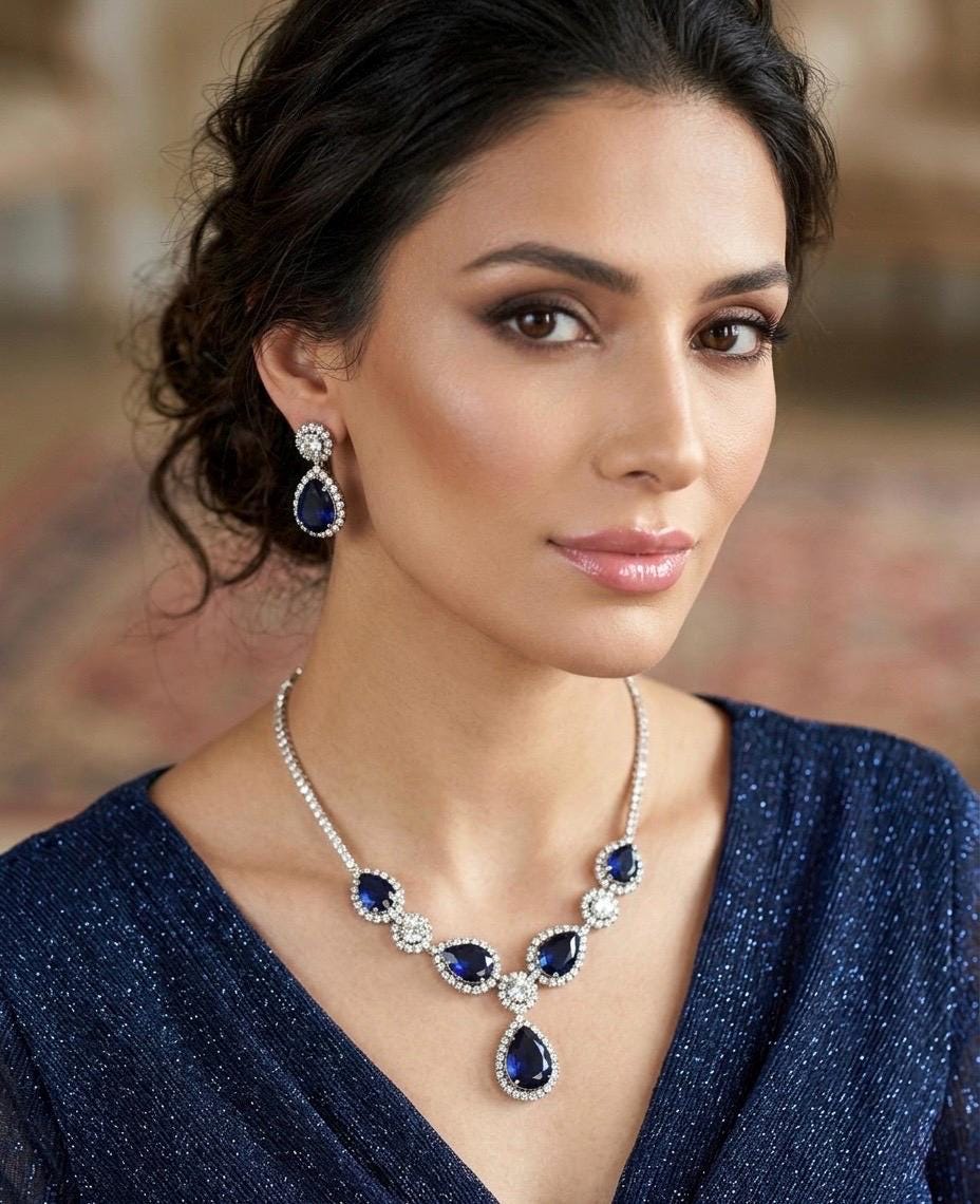 IRENE Premium quality Sapphire blue necklace Set American Diamond classy cz zircon jewelry, stylish prom,gala dinner bridal jewellery