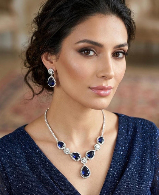 IRENE Premium quality Sapphire blue necklace Set American Diamond classy cz zircon jewelry, stylish prom,gala dinner bridal jewellery