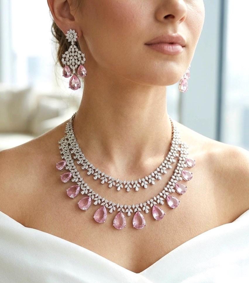 Tara Sutaria inspired Pink American diamond necklace set bollywood jewelry,Indian Jewelry Pakistani Wedding jewellery Cz Zircon