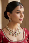 VANISHA mint ruby kundan and moissanite replica necklace set with maangtika ,Indian Pakistani wedding jewelry in antique golden polish
