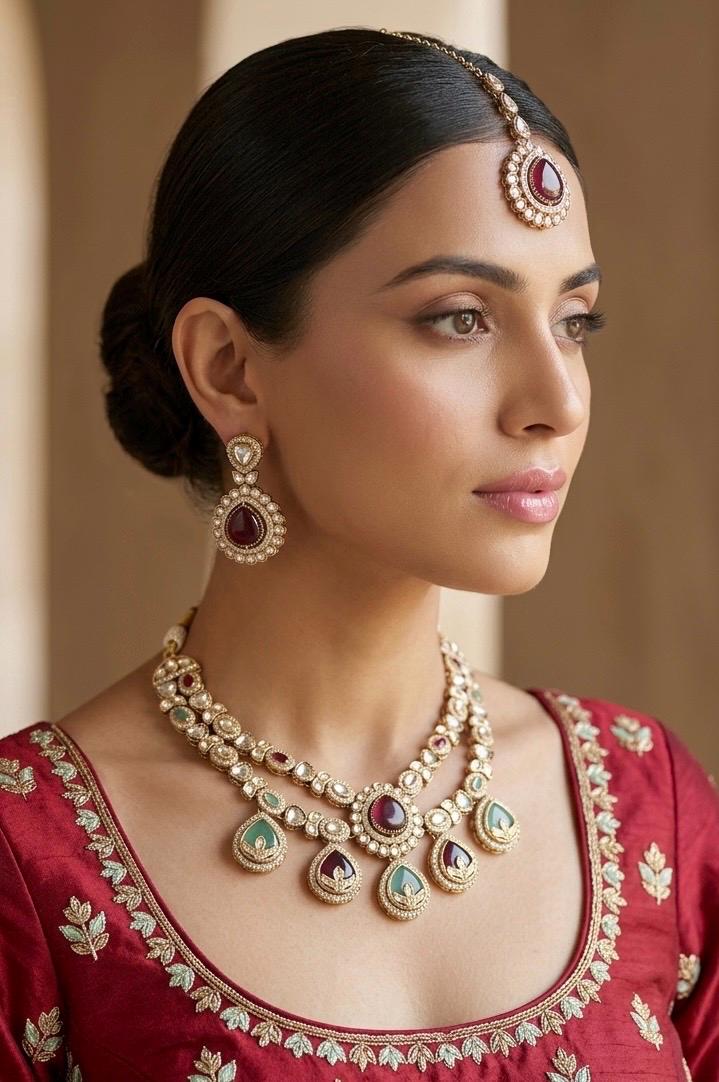 VANISHA mint ruby kundan and moissanite replica necklace set with maangtika ,Indian Pakistani wedding jewelry in antique golden polish